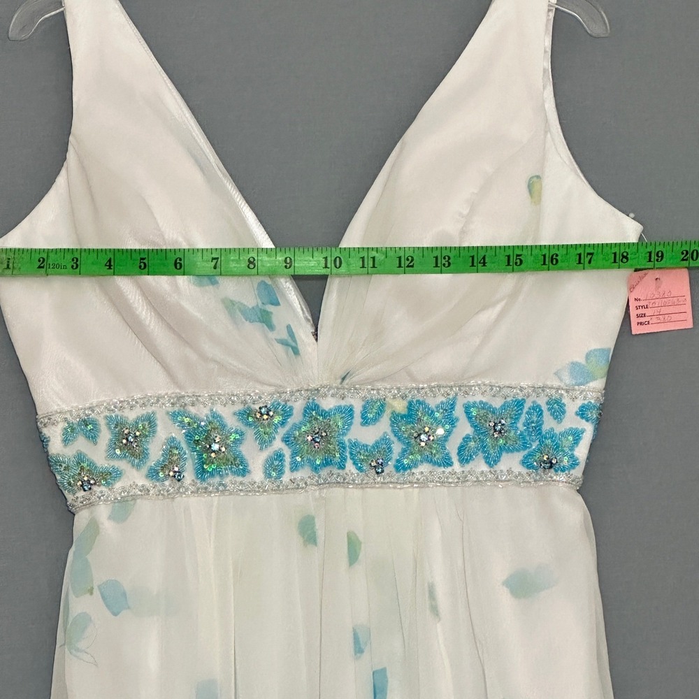 VTG Tony Bowls Le Gala Woman Dress 14 White Blue Floral Beaded Ethereal Romantic - Picture 6 of 16
